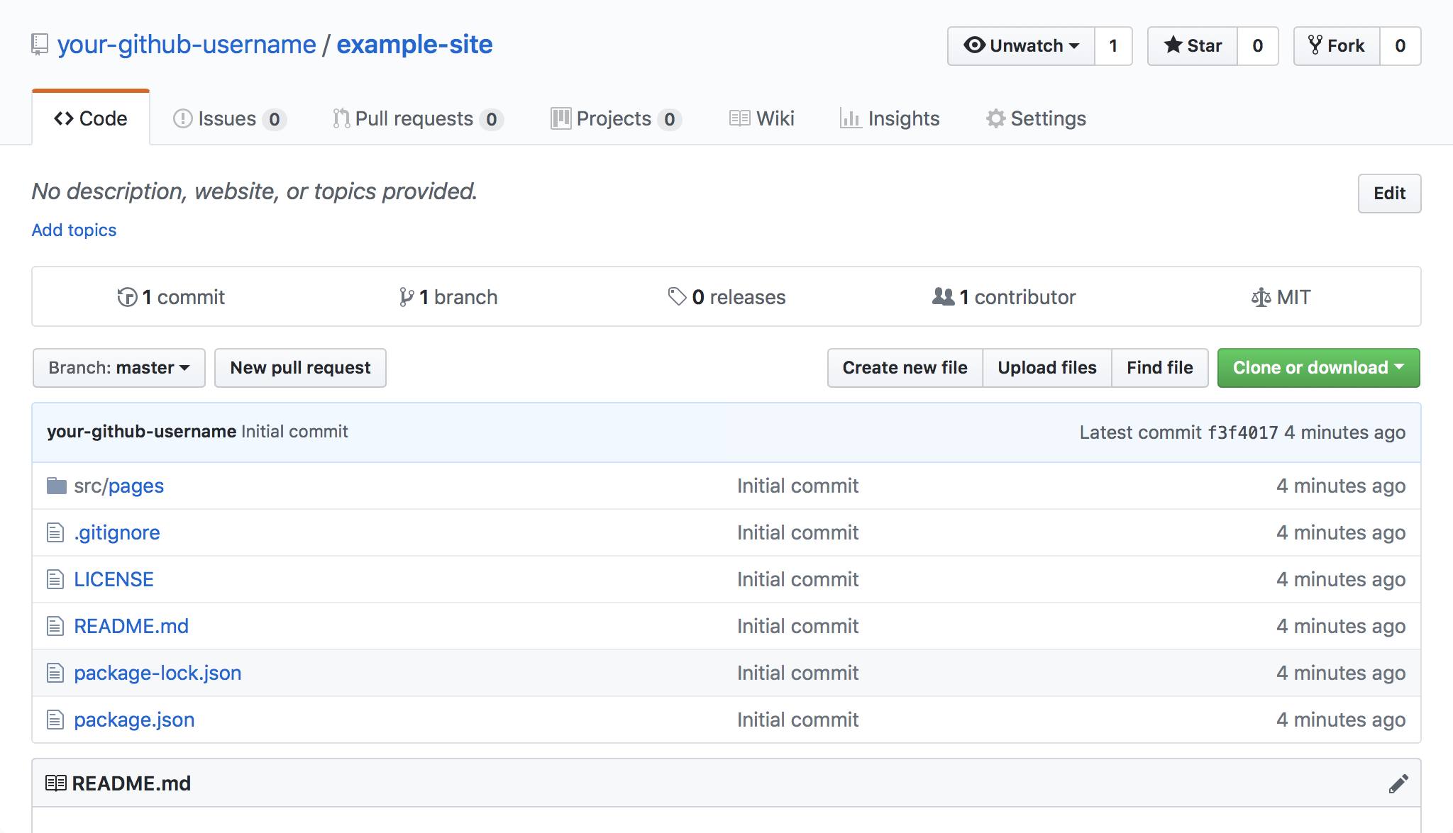 GitHub repository for example-site after initial commit GitHub Initial Commit