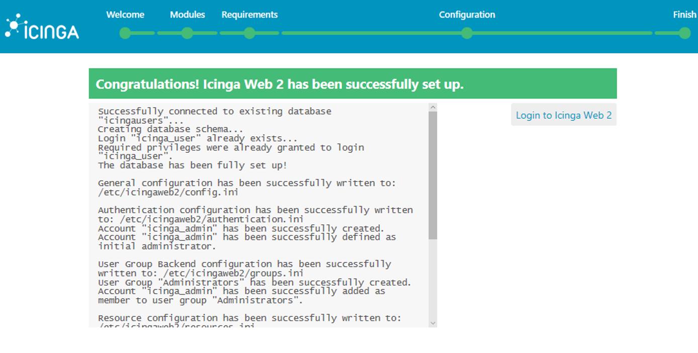 Icinga Successfully Set up - 'Login to Icinga Web 2' button Icinga Successfully Set up - “Login to Icinga Web 2” button