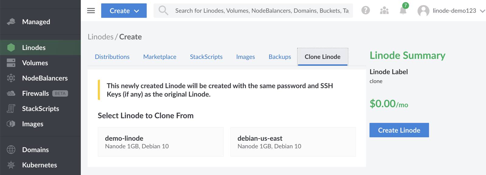 Select the ‘Clone Linode’ tab to clone an existing Linode.