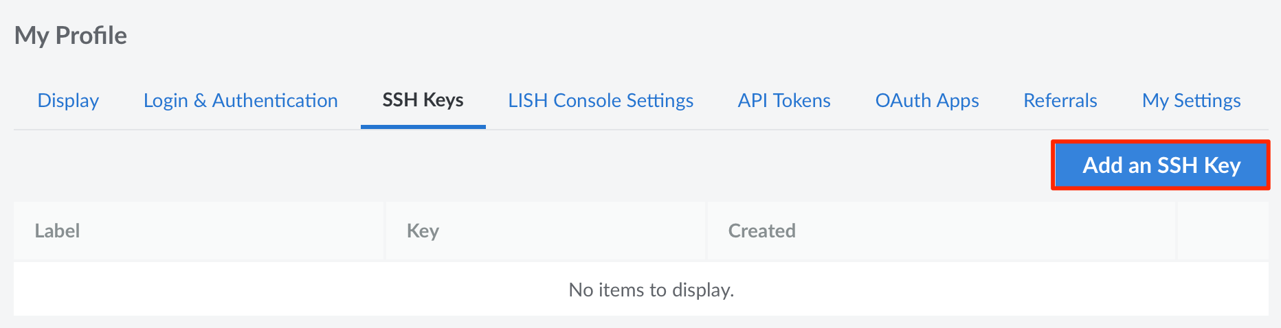 The SSH Keys tab with the ‘Add an SSH Key’ button highlighted.